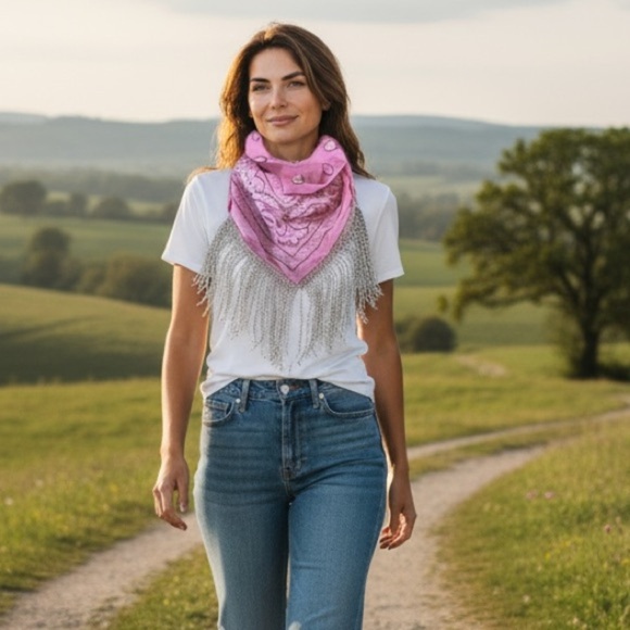 Fringed Rhinestone Decorative Pink Bandana - Picture 2 of 10
